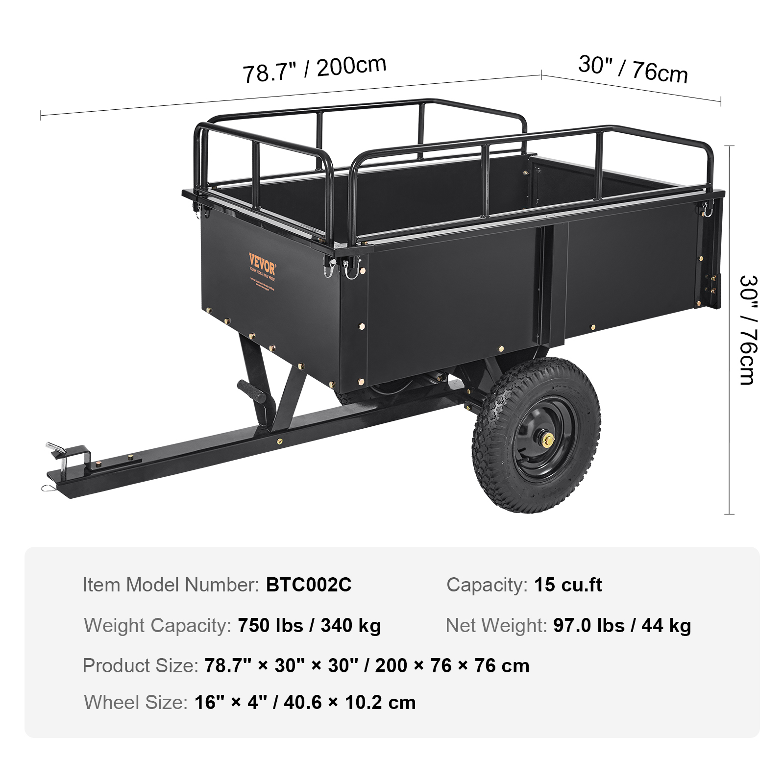 VEVOR Heavy Duty ATV Trailer Steel Dump Cart, 750-Pound 15 Cubic Feet, Garden Utility Trailer With Removable Sides For Riding Lawn Mower Tractor image 4
