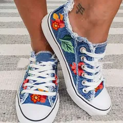 New Flower And Leaf Print Raw Edge Canvas Shoes - Leaves-35 - View 1