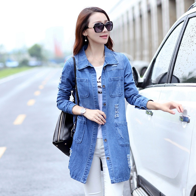 Women's Loose Ripped Mid length Denim Jacket Blue - Shop at LoveMi