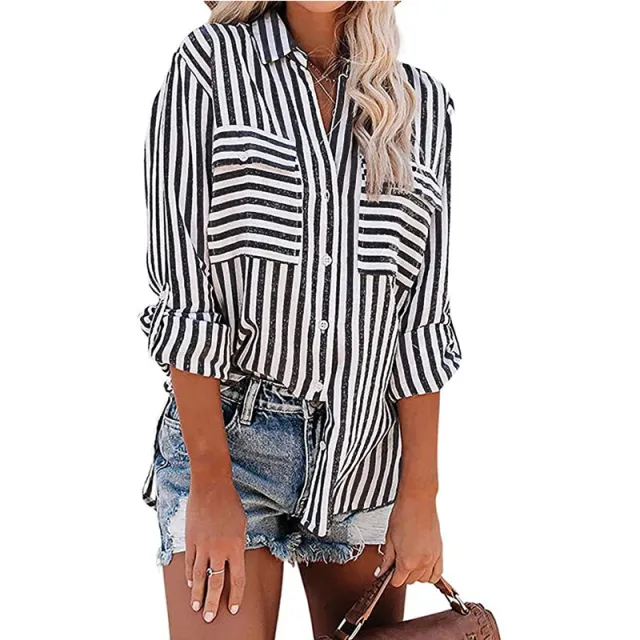 Ramie Cotton Wash Water Striped Single Breasted Long sleeved Shirt Female Black - Shop at LoveMi