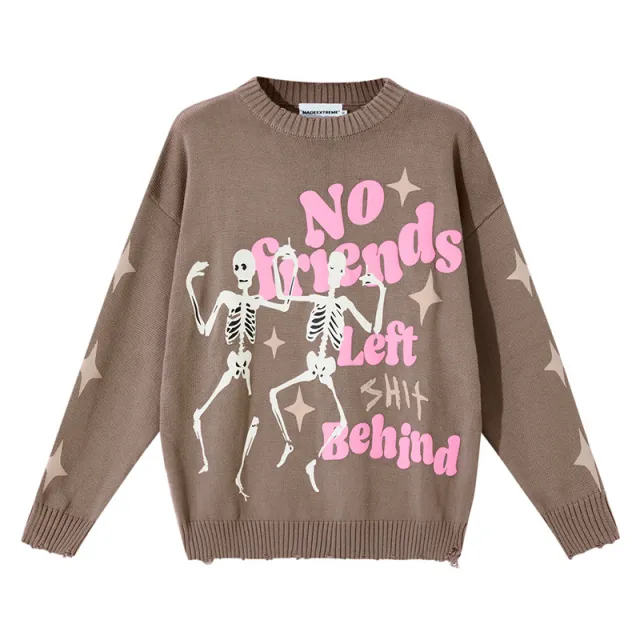 Skull Print Pre Fall Long Sleeve Destruction Sweater Coffee - Shop at LoveMi
