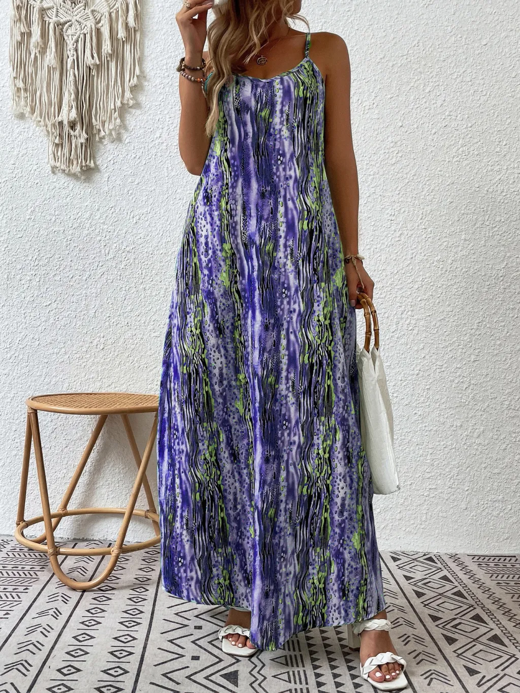 Women's Trendy Printed Drawstring Dress - Blue