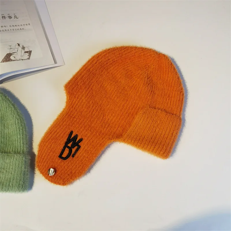 Knitted Wool Thickened Ear Protection Hat Cold And Windproof Pullover - Orange
