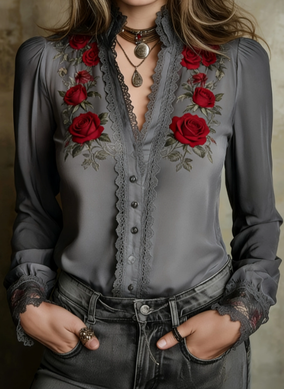 Women's Retro Gothic Style Lace V-Neck Long Sleeve Shirt