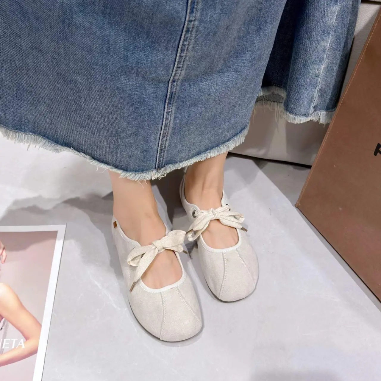 Women Pastoral Cottagecore Linen Fabric Ribbon Tie Ballet Flats, Round Toe Split Seam Soft Breathable Suede Slip On Minimalist Vintage Casual Daily Picnic Denim