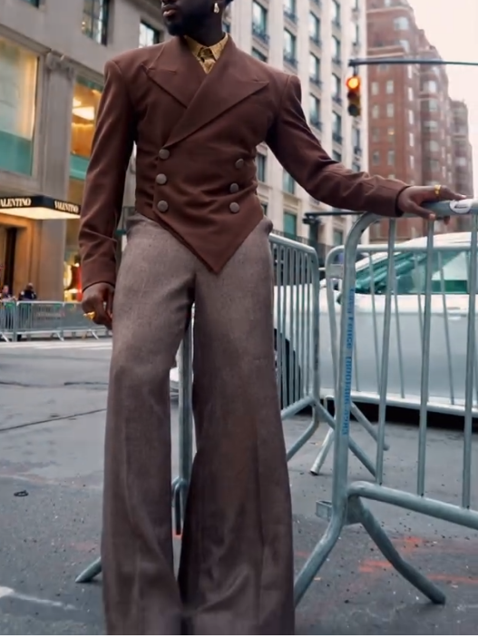 Dark Brown Pointed Collar Double-Breasted Blazer & Wide-Leg Flare Pants Set