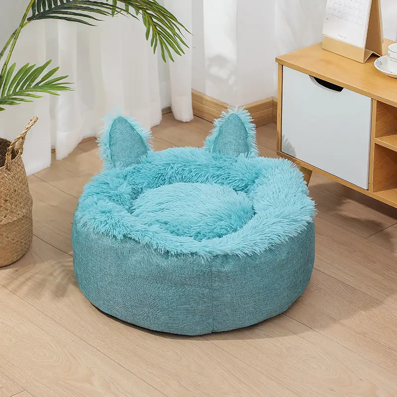 Plush Cat Bed Cat Ear Cat Indoor Hut Furry Cat Crate Cushion Removable Cat Nest Bed With Non-slip Bottom For Cold Weather