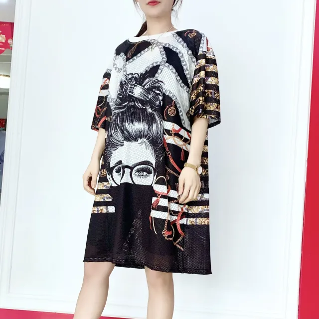 Short Sleeved Loose Fitting Oversized Summer Breathable T shirt Dress Metal Chain High Collar Beauty - Shop at LoveMi