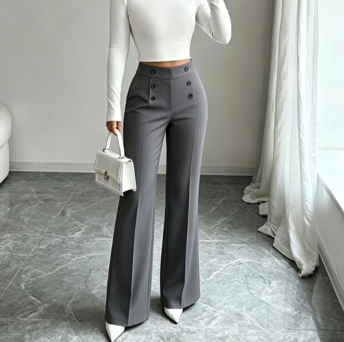Women High Waist Double Button Flared Suit Pants