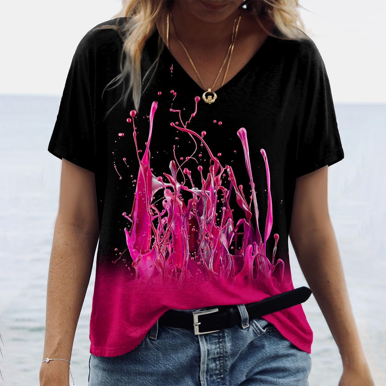Women's Abstract Painting V-Neck T-Shirt Top