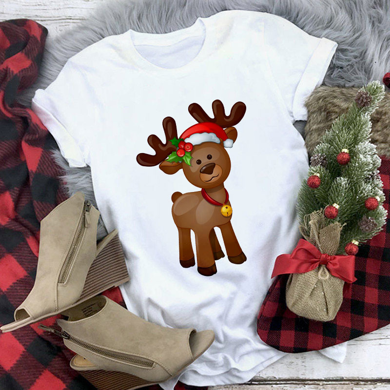 Title 16, Christmas Cute Reindeer Print Short Sleeve T-sh...