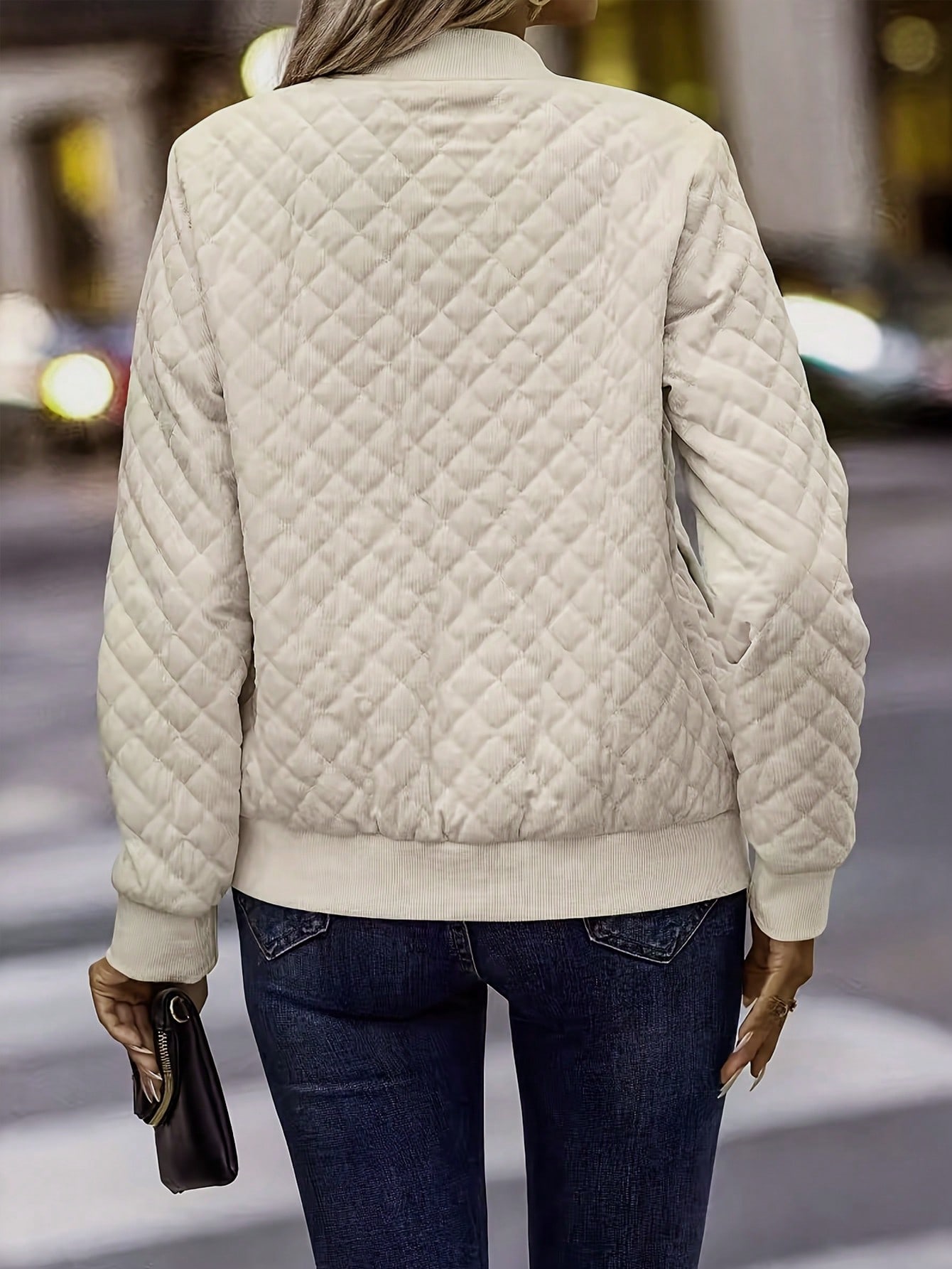 Women Woven Quilted Bomber Jacket Zip Up Stand Collar Lightweight Outerwear