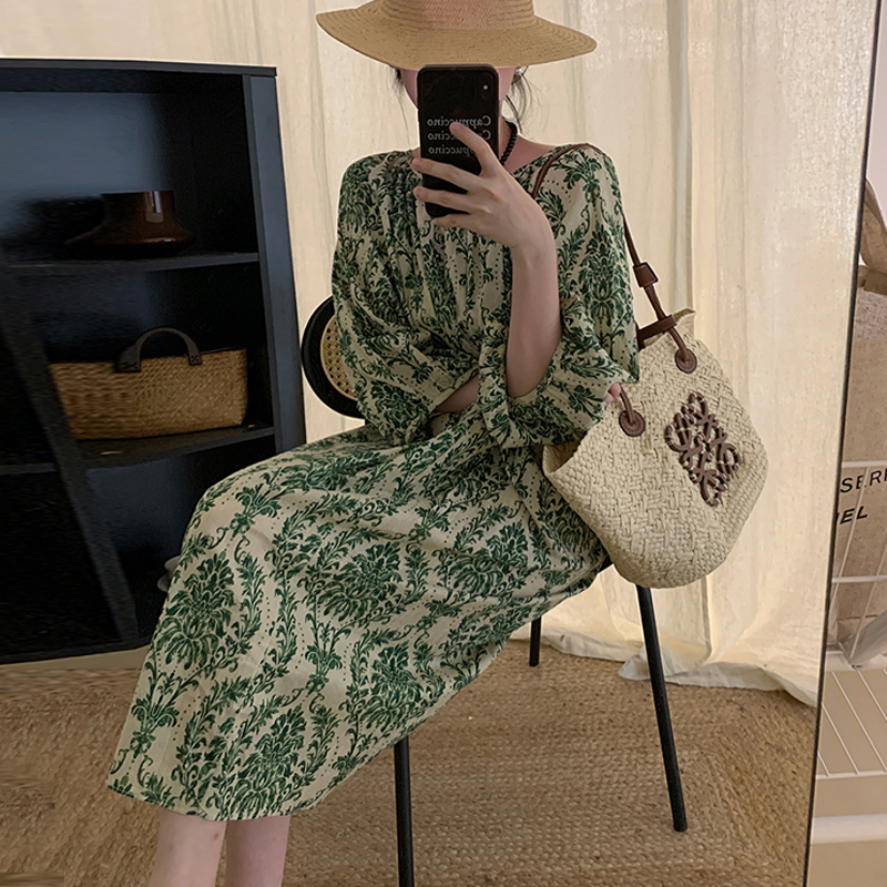 Round Neck Full Screen Floral Lace Loose Lantern Sleeve Dress