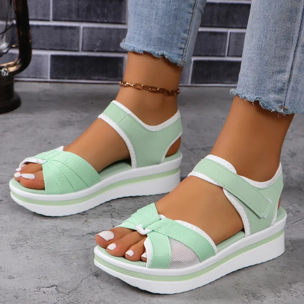 Summer Mesh Cross-strap Sandals with Velcro-design Thick Sole Flats