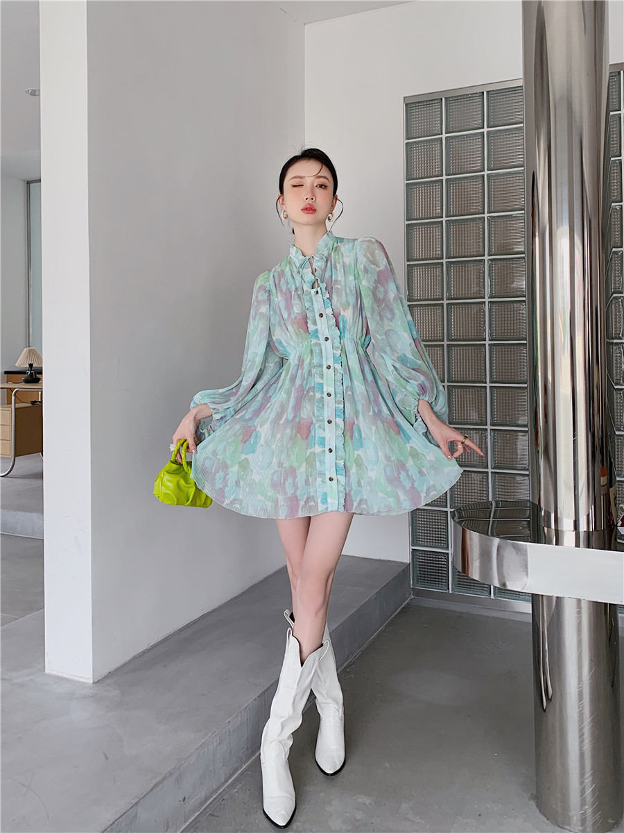 Women's Smudged Pleated Ruffled Floral Puff Sleeve Neck Dress