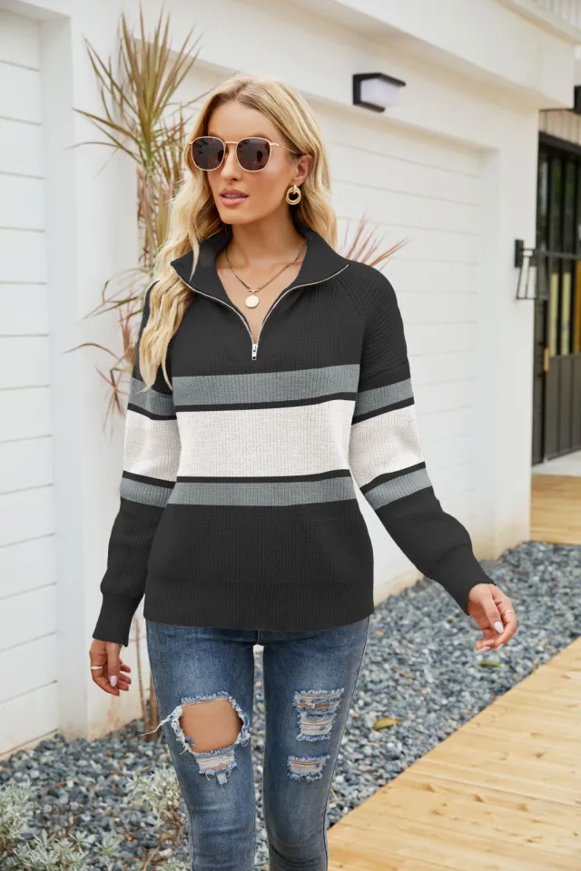 Women's Fashion Striped Colorblock Sweater Long Sleeve Zip Black - Shop at LoveMi