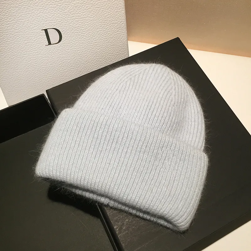 New Style Rabbit Fur Knitted Woolen Hat Women's Warmth Knit Hat - Grey