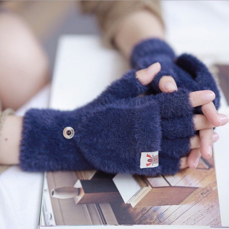 Knitted Plush Flap Half Finger Gloves