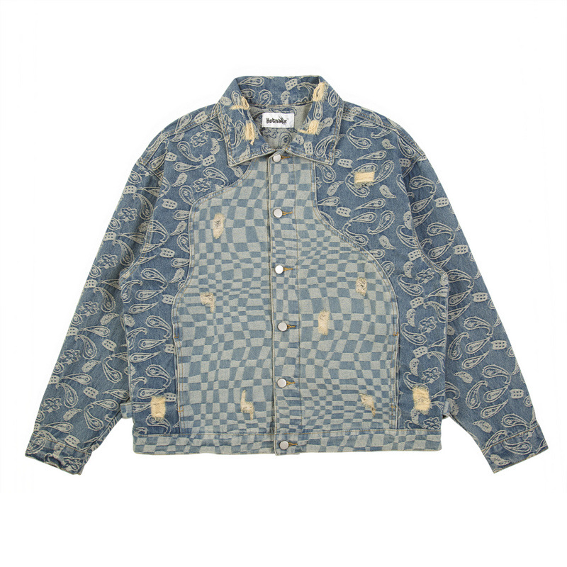 High Street Tide Brand Ripped Cashew Flower Stitching Denim Jacket