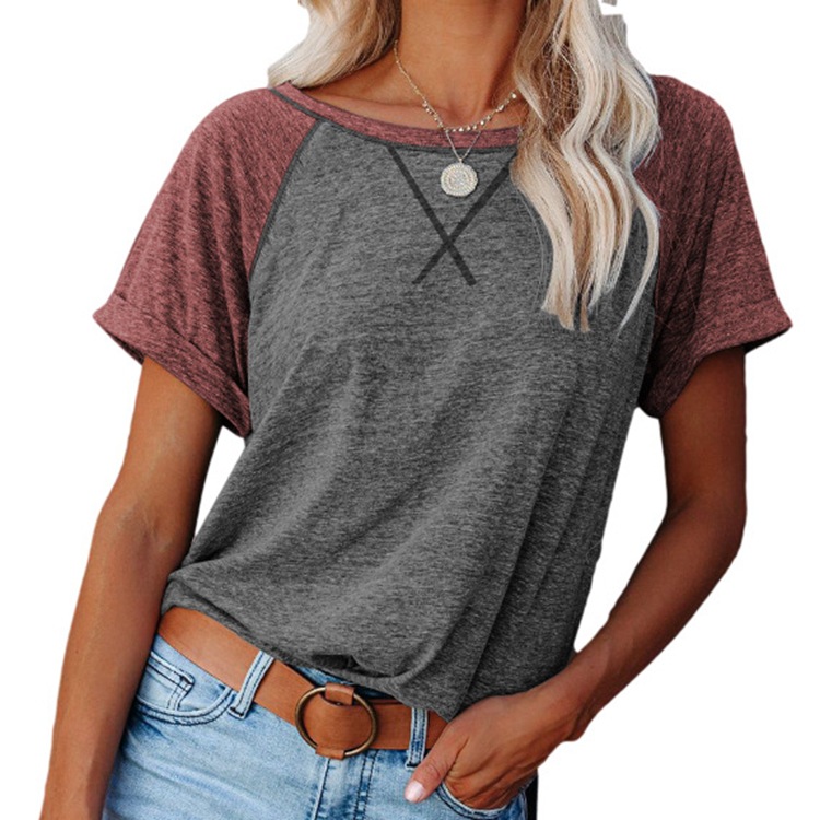 Colorblock Crossover Loose Top Short-sleeved Casual T-shirt