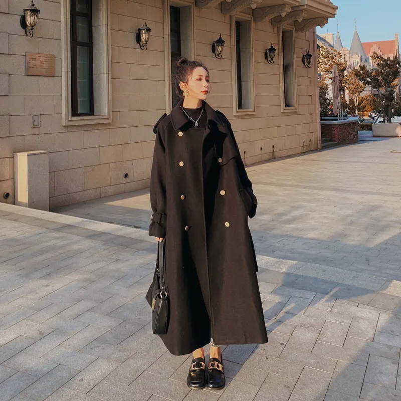 Mid-length Over-the-knee Minimalist Woolen Coat Thickened In Autumn And Winter - Black