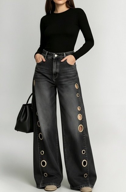Jean large Grommet taille haute noir délavé taille haute pantalon en denim Streetwear US Stock