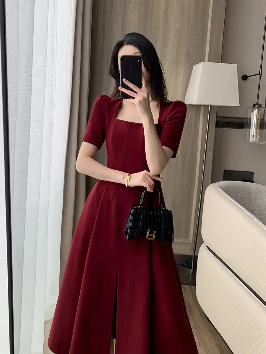 Summer New Square Collar French Retro Hepburn Style Toast Engagement Dress
