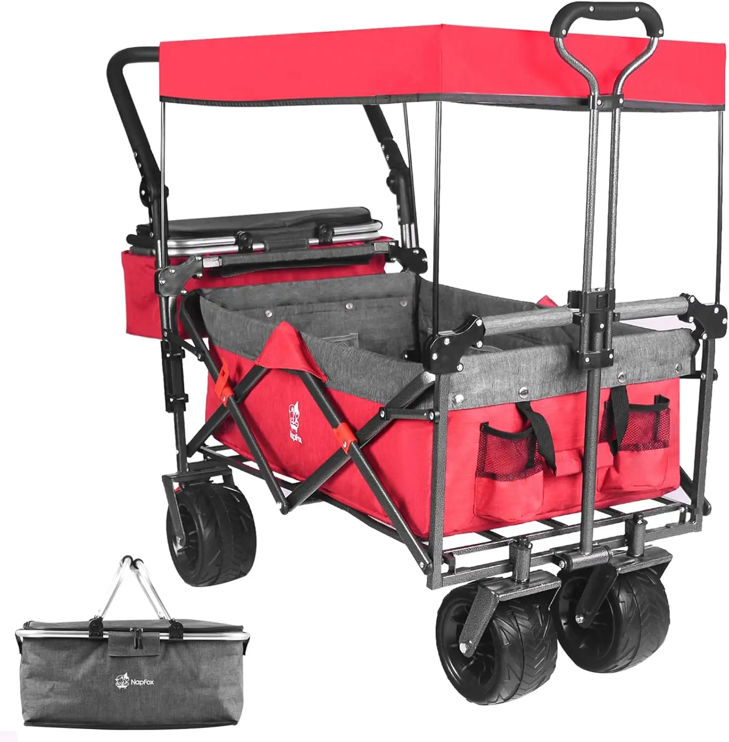 Collapsible Wagon 140L Wagons Carts Foldable With Removable Canopy, Folding Wagon Cart With Wheels For All-Terrain With Brake, Foldable Wagon With Cooler Bag, F