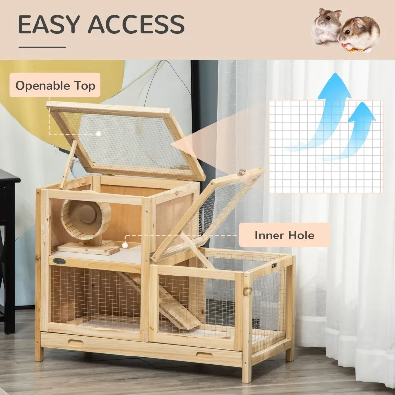 PawHut 2-Tier Wooden Hamster Cage, Small Animals Hutch, W Seesaw, Tray