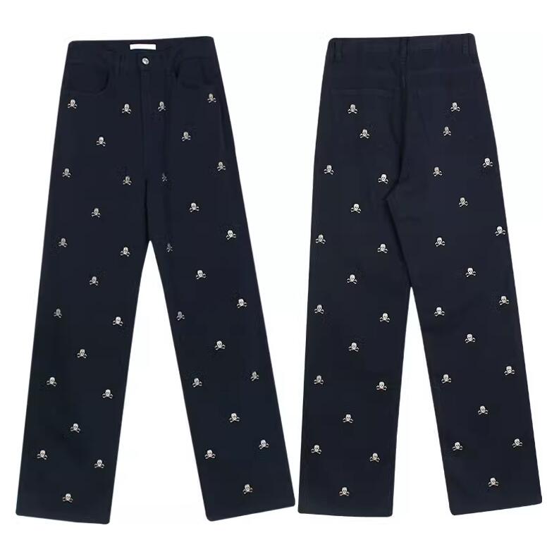 Female Tibetan Blue Skeleton Head Straight Tube Loose Relaxed Pants