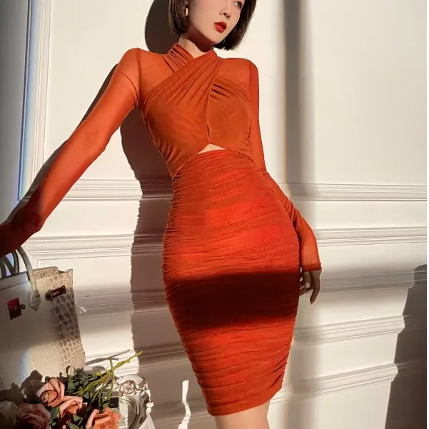 High Waist Pleated Wrapped Hip Long Sleeve Dress Orange - Shop at LoveMi