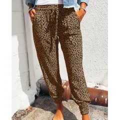 Women's Tie-In Loose Leopard Print Lace-Up Lounge Pants - Khaki - View 1