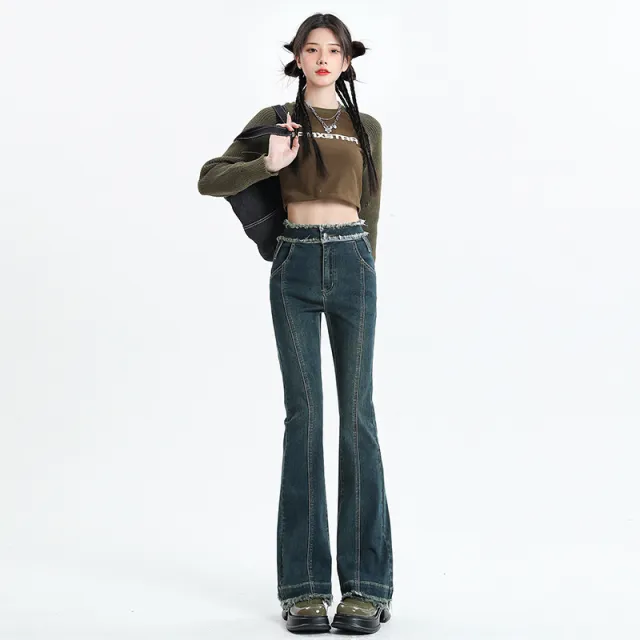 Ragged Flared Pants Versatile Casual Pants Retro Blue Lengthened - Shop at LoveMi