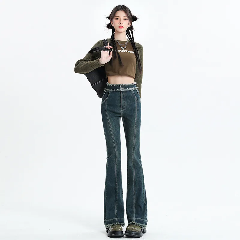 Ragged Flared Pants Versatile Casual Pants - Retro Blue Lengthened