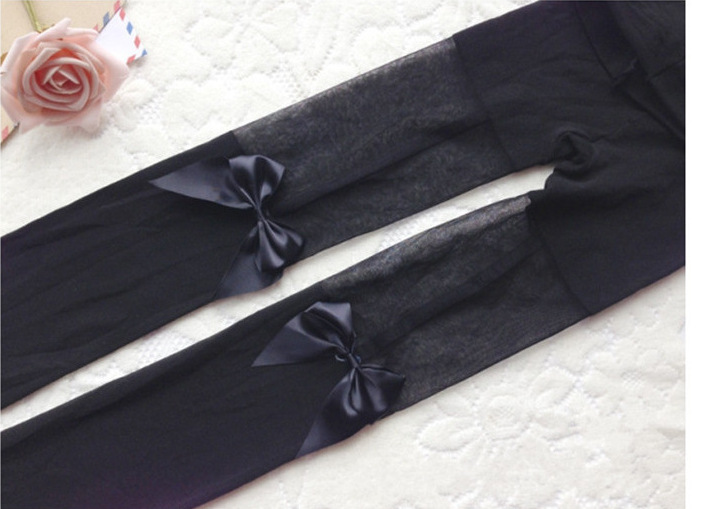 Title 1, Moda Feminina Garter Bow Cor Sólida Meias Coxa-...