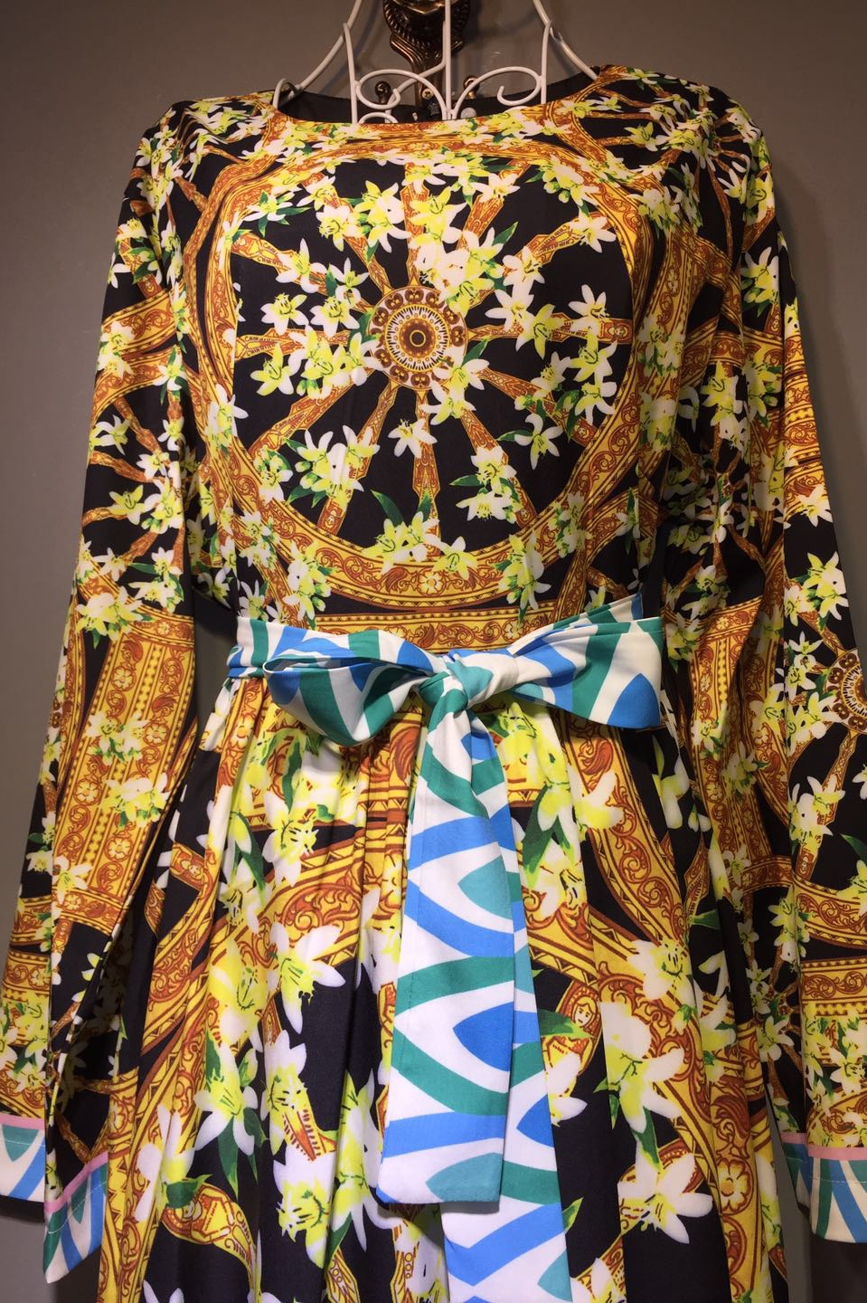 New Style Round Neck Tie Waist Wide Loose And Thin Printed Dress