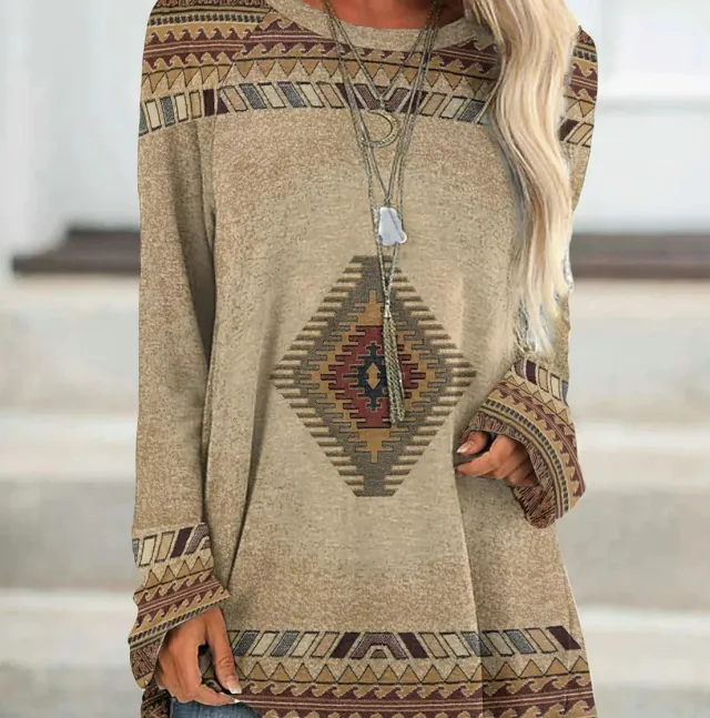 Long T shirt Dress Retro Ethnic Style Color1 M - Shop at LoveMi