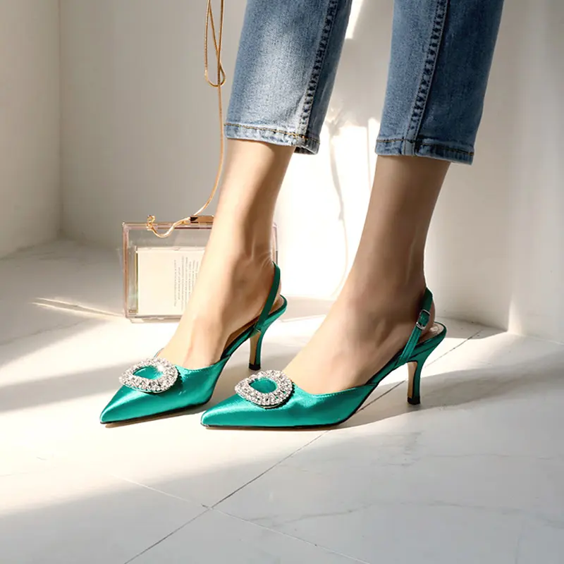 Elegant Rhinestone High Heels Women Pumps Silk Pointed Toe
