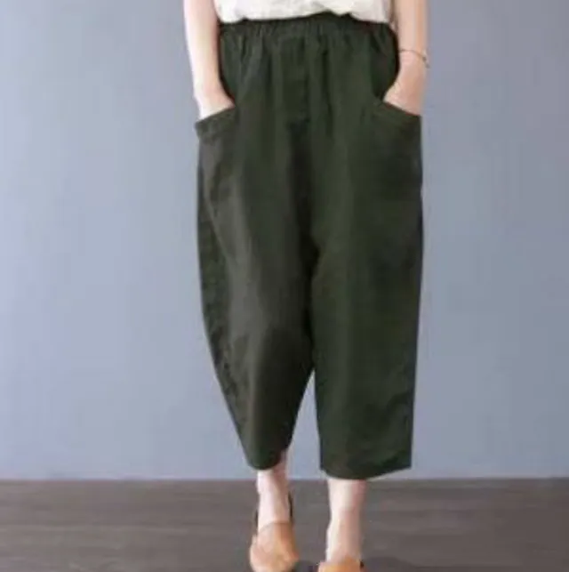 Large Size Loose High Waist Pocket Cotton And Linen Casual Pants Army Green - Shop at LoveMi