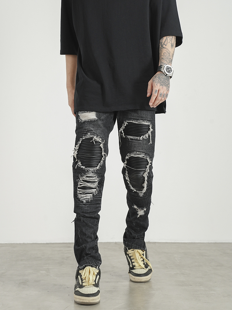 Title 3, Jeans Masculina Ripped com Patches PU e Couro, ...