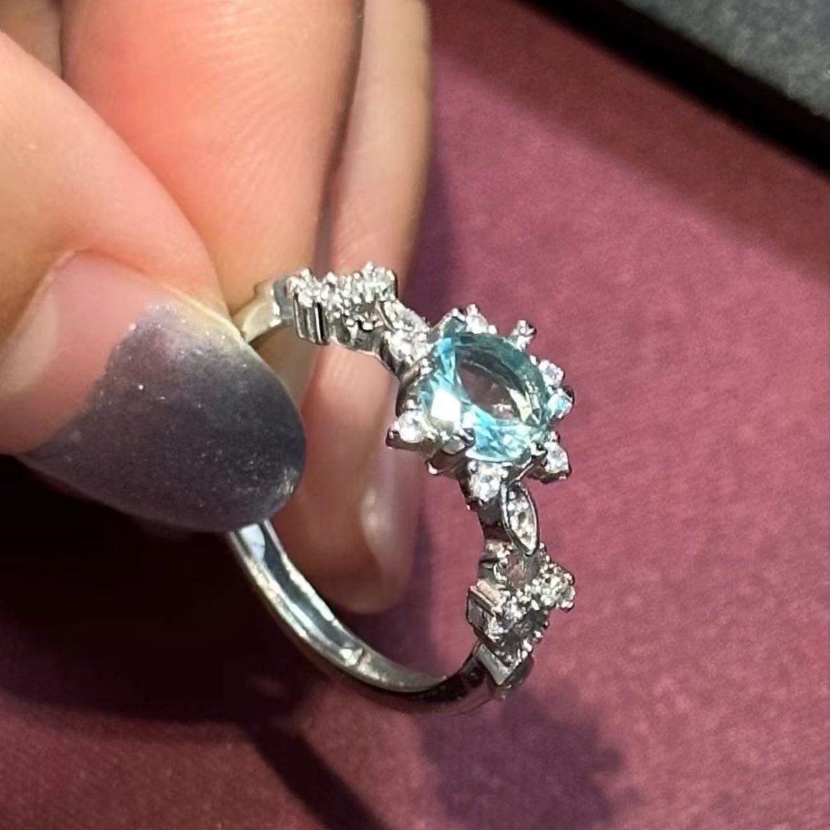 Blue Zircon Snowflake Ring, Aquamarine CZ Engagement Ring For Women