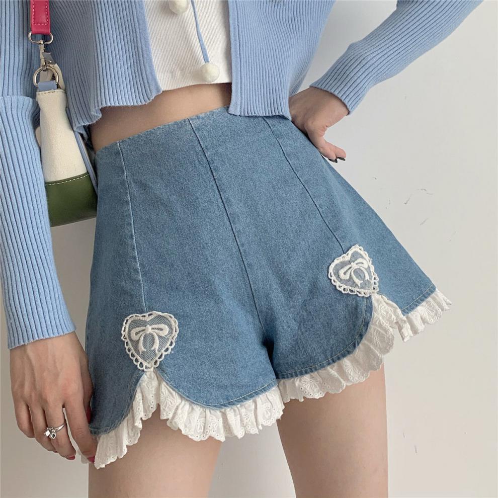 Title 5, Shorts de jeans com pernas largas e renda, esti...