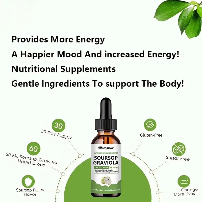 Soursop Graviola 1800mg Ultra Concentrated Liquid Drops - Leaf & Fruit Herbal Supplement, Immune Support, 60ml — view 3