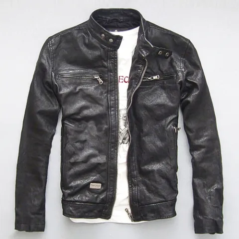 Men's Leather Slim-fit Motorcycle Goatskin Jacket Cowhide