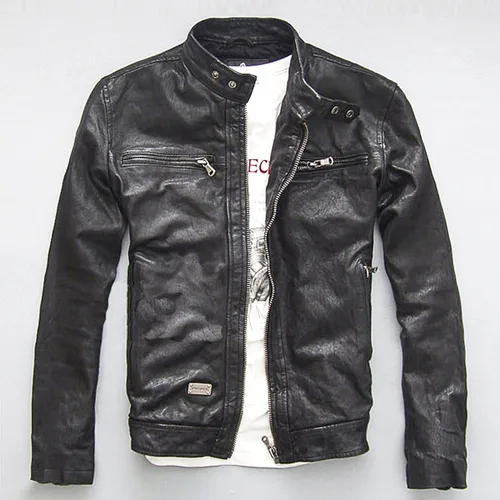Men's Leather Slim-fit Motorcycle Goatskin Jacket Cowhide