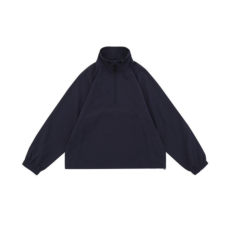 Men's Fashion Retro Seersucker Half Zipper Pullover Stand Collar Shell Jacket