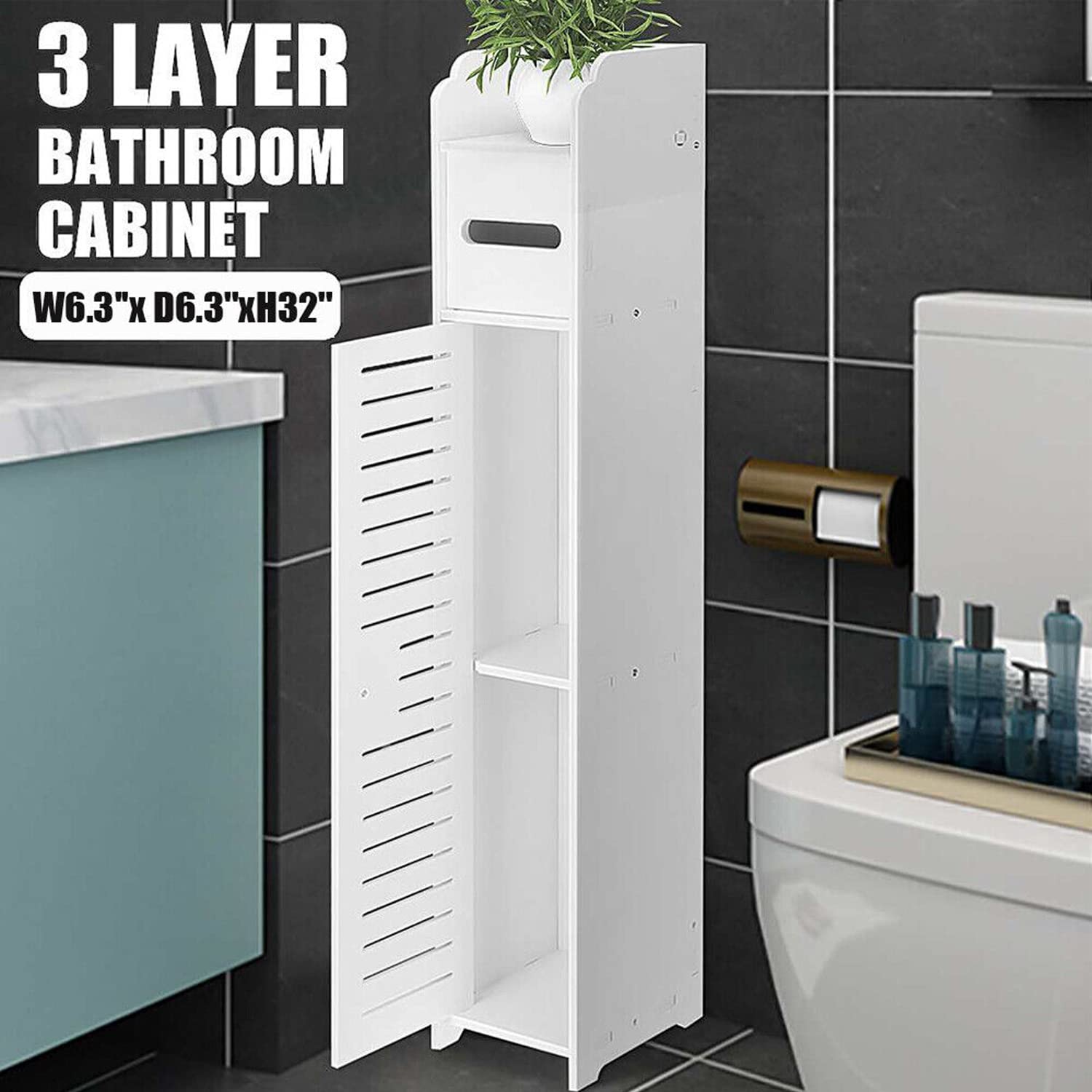 Bathroom Cabinets Tall Slim Storage Waterproof Toilet Cupboard — image 2