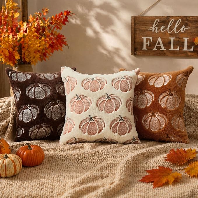 Rust Pumpkin Plush Fall Pillow Cover, 18x18 Inch Soft Autumn Decorative Cushion Cover 4