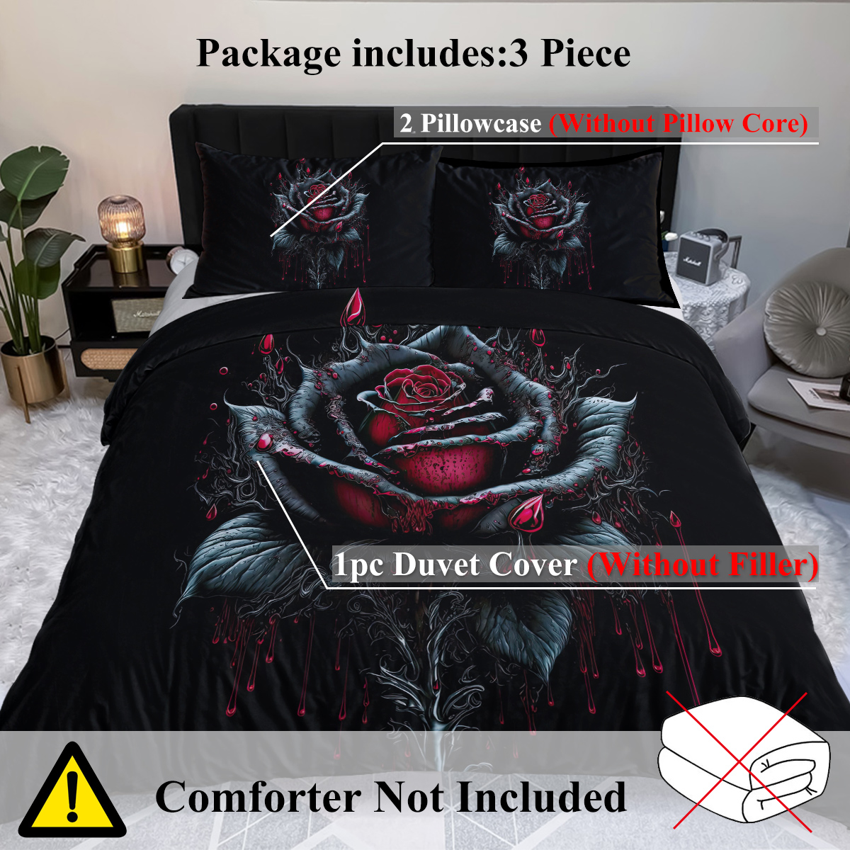 Blood Ink Rose Print Printed Duvet Cover Set - Black Microfiber Bedding... 4