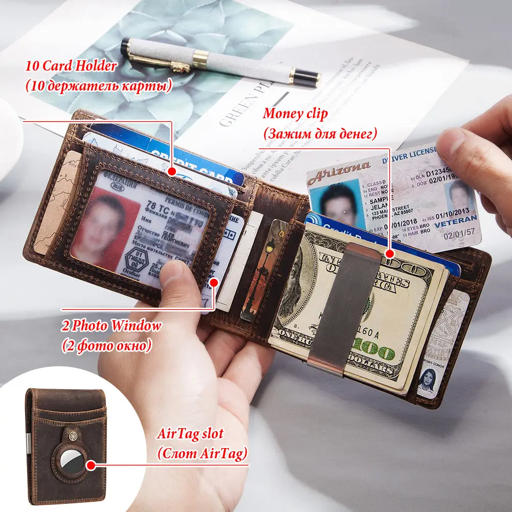 Leather RFID Blocking Wallet with AirTag Slot and Money Clip